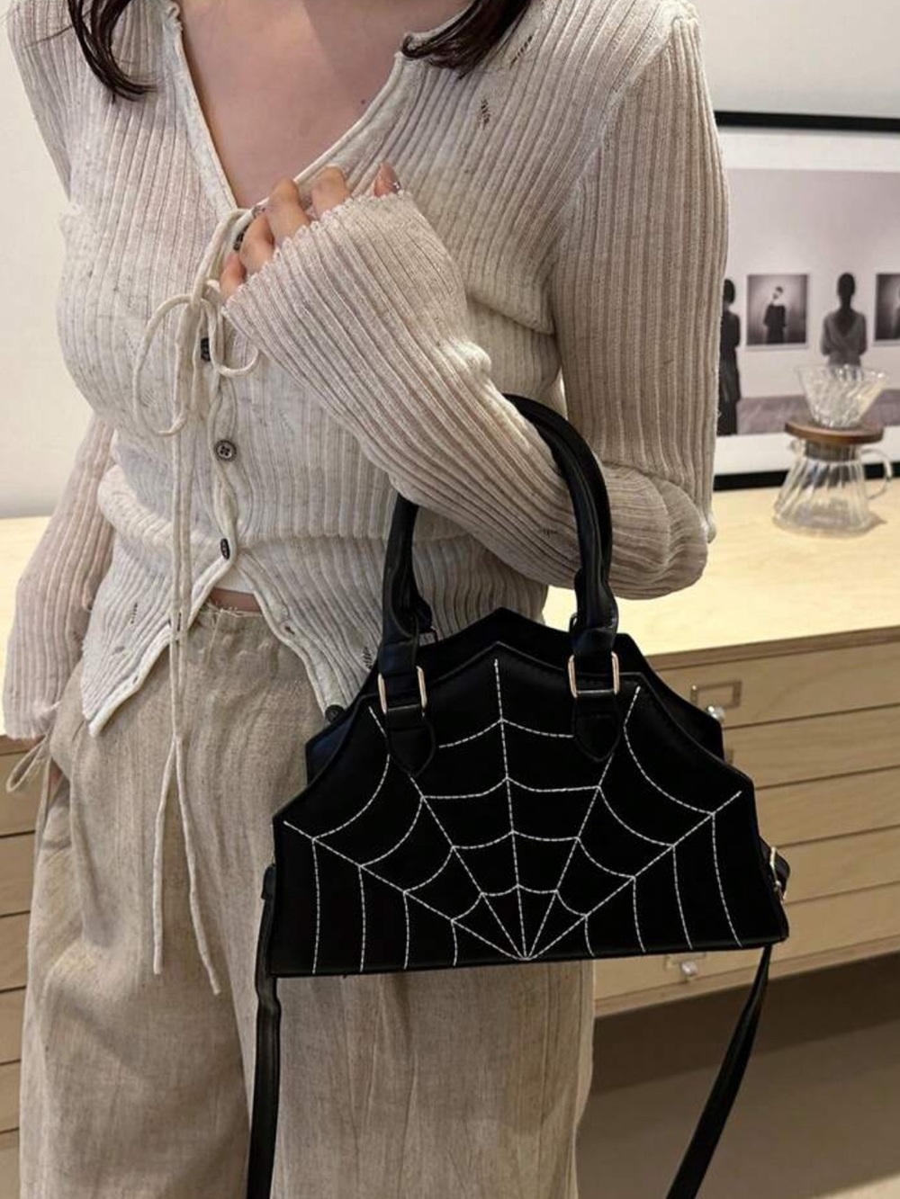 New Black Spiderweb Stitched Satchel Handbag - Picture 2 of 4